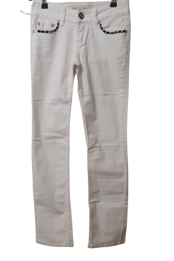 WHITE JEAN WITH BLACK SEQUENCE AND DIAMANTE POCKETS DETAIL