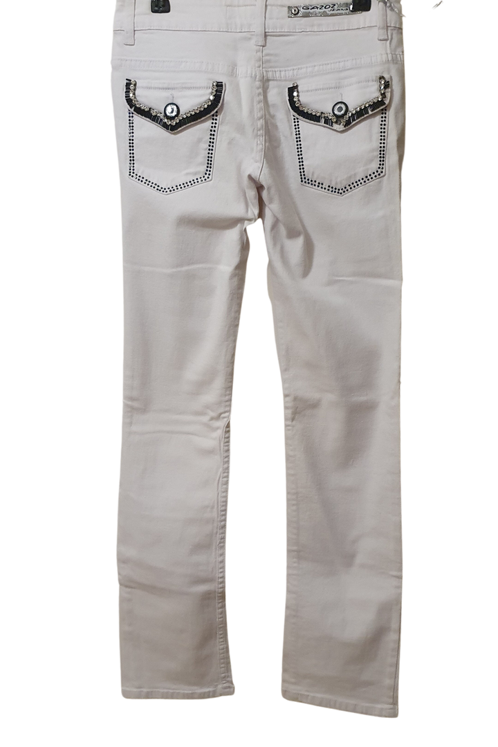 WHITE JEAN WITH BLACK SEQUENCE AND DIAMANTE POCKETS DETAIL