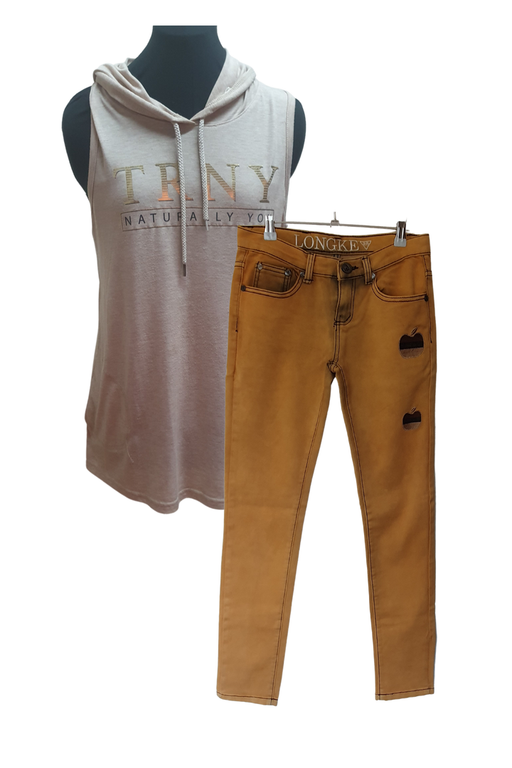 LONGKE MUSTARD JEAN WITH APPLES ON LEFT LEG