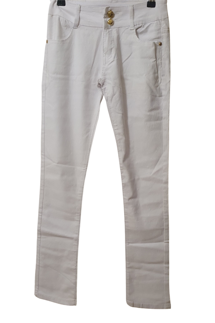WHITE SHINNY PATTERNED JEAN 2 GOLD BUTTONS