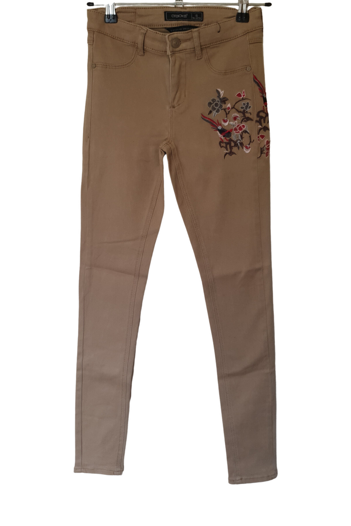 Light Tan Jegging Jean with Bird Detail embroided on left upper leg