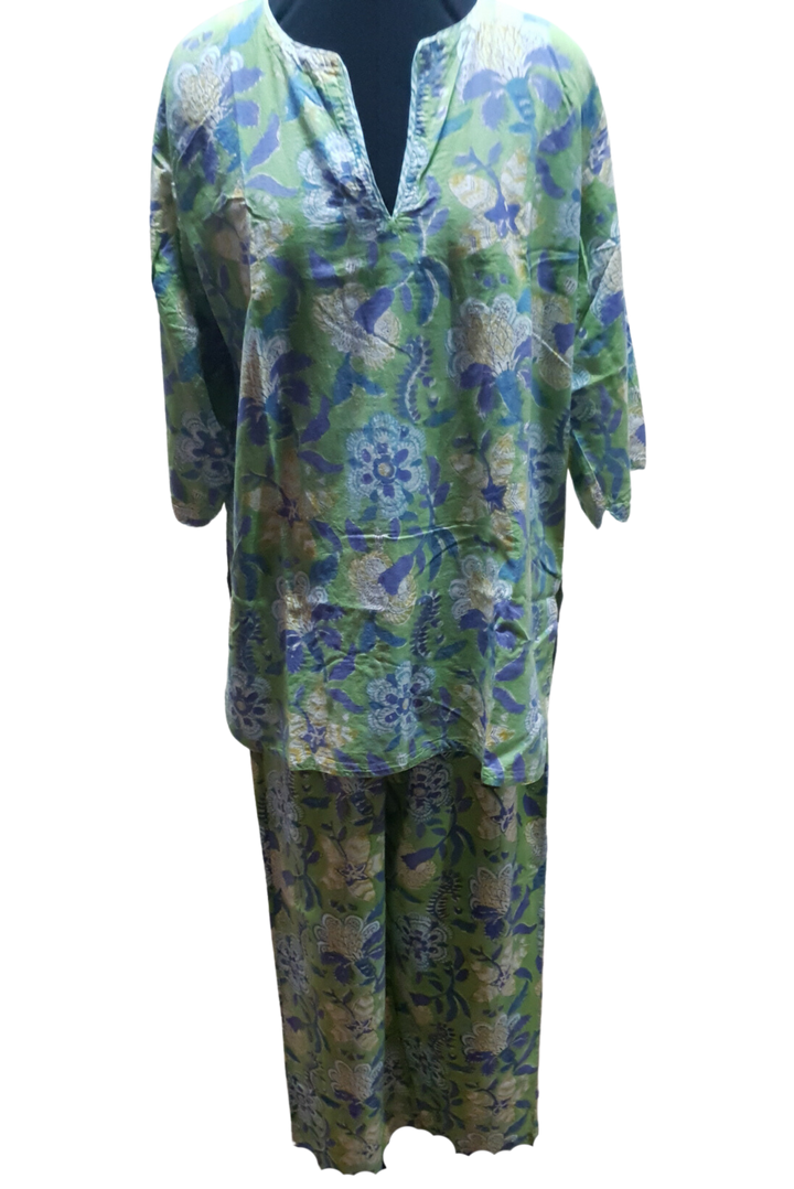 Anoki Soft Cotton Green, Purple and Yellow Pattern Organic Two Piece Pajama Set