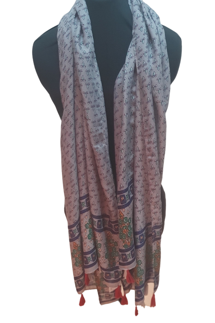 Soft Grey Long Scarf With Colour Pattern