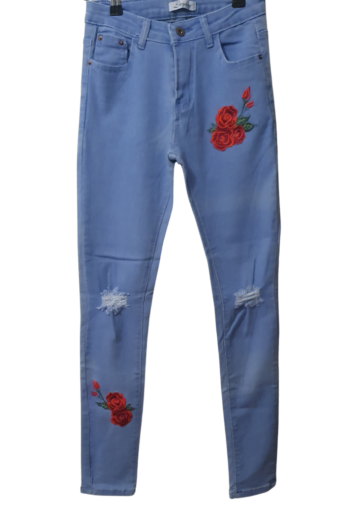 SOFT LIGHT BLUE DENIM WITH ROSE  AND RIPPLED KNEES DETAIL