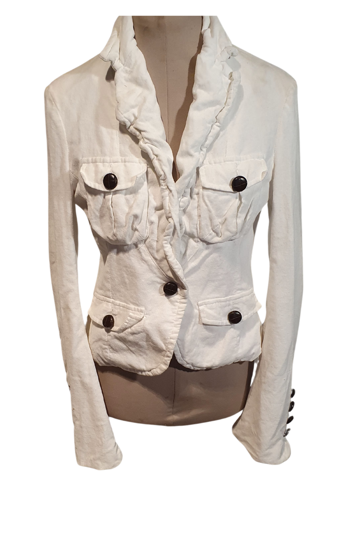 CHIC WHITE FELT STUNNING JACKET WITH BROWN BUTTONS