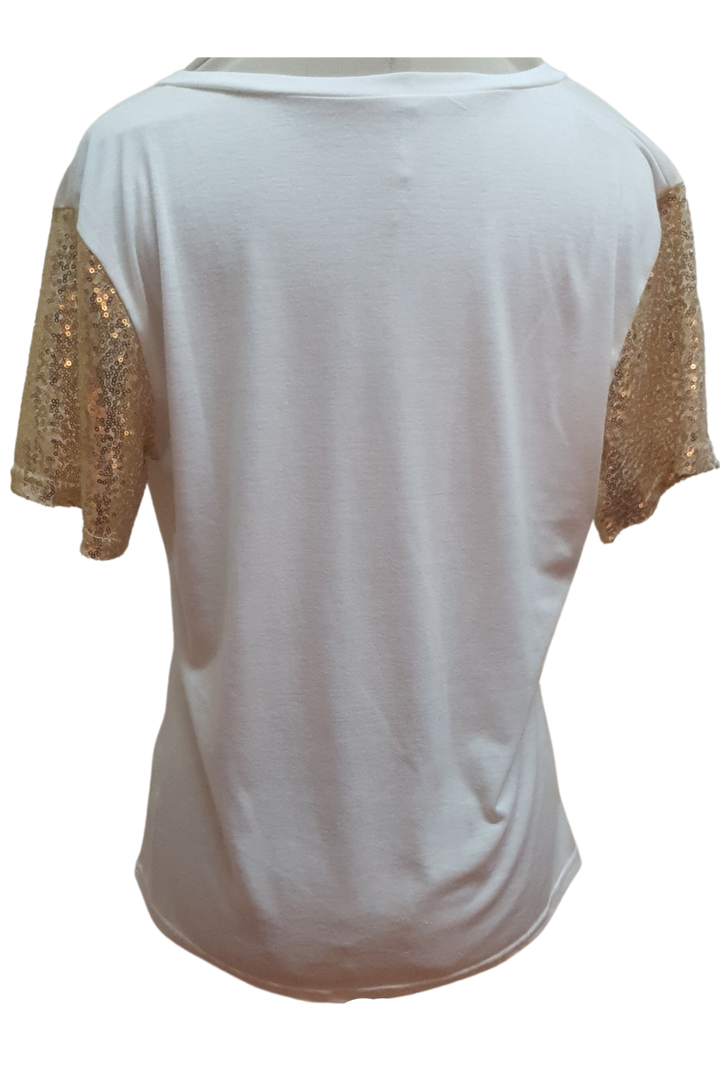WHITE CHICK WITH GOLD SEQUENCES ARMS T-SHIRT