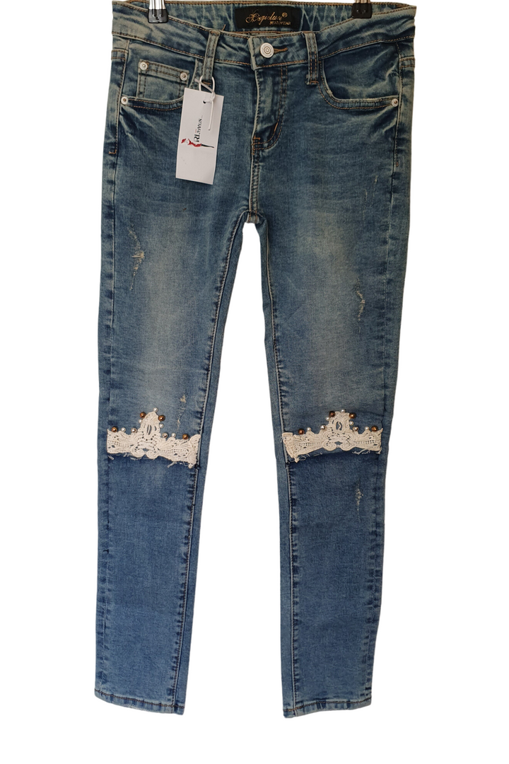 Denim with lace and stud detail on knees