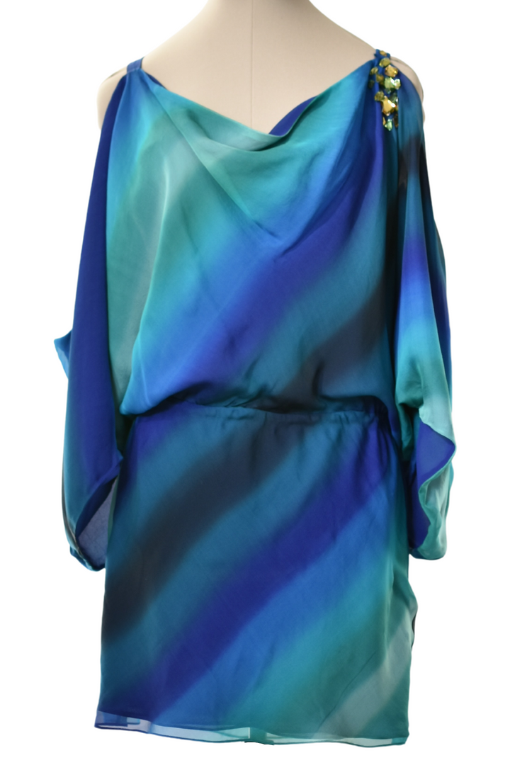 Blue & Green Chiffon Dress with Diamante Detail on Shoulder